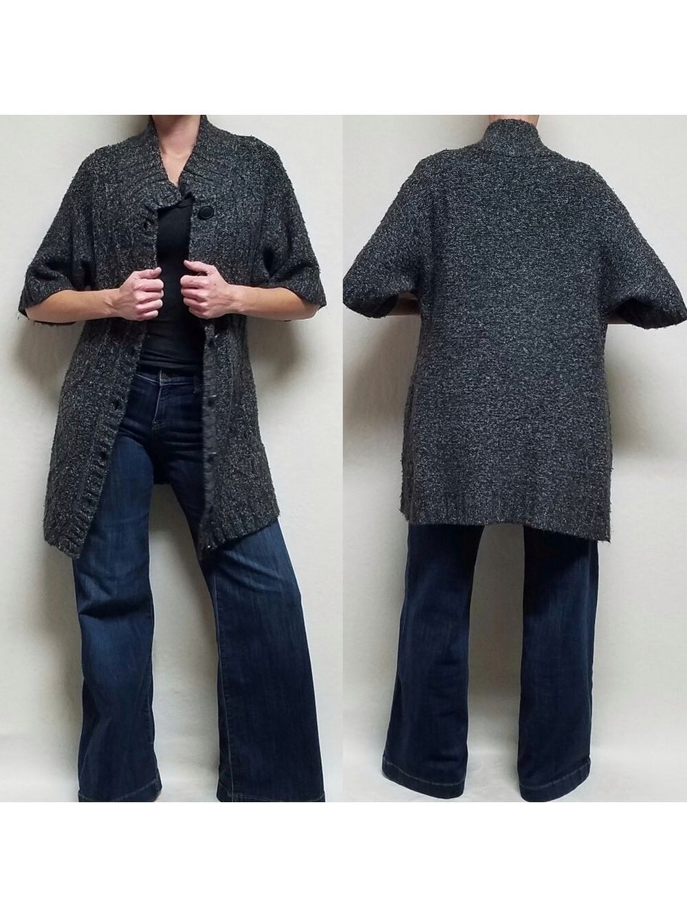 Vintage 90s Jones New York Grey Marbled Corded Knit Mock Neck Button Up Cardigan